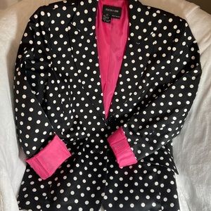 black and white polka dot blazer with pink lining